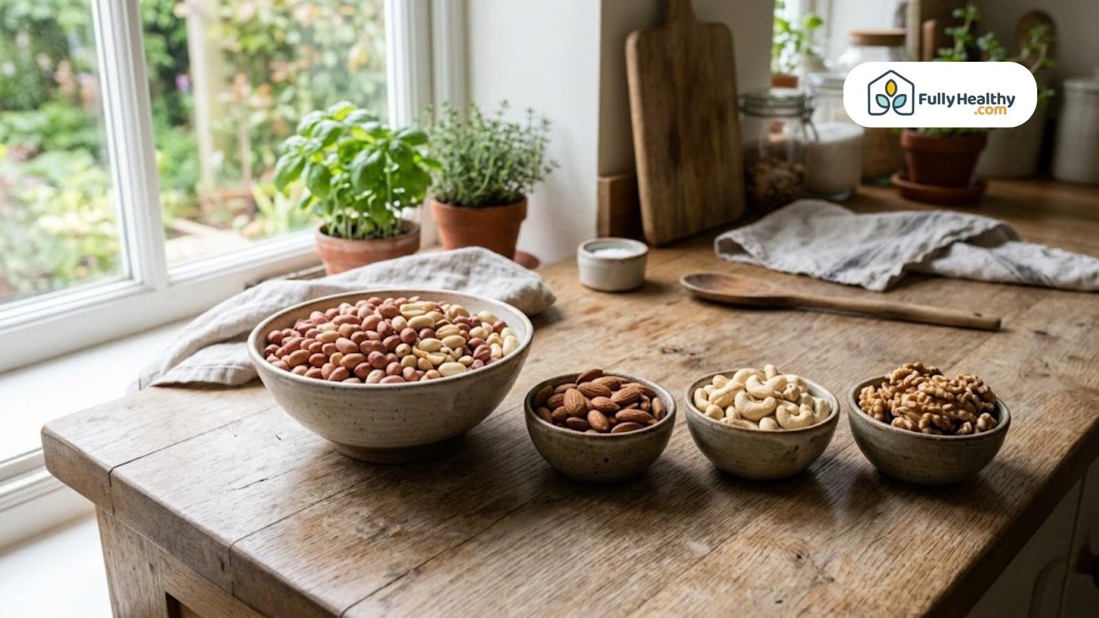 Bowls of peanuts and assorted nuts arranged on rustic kitchen table