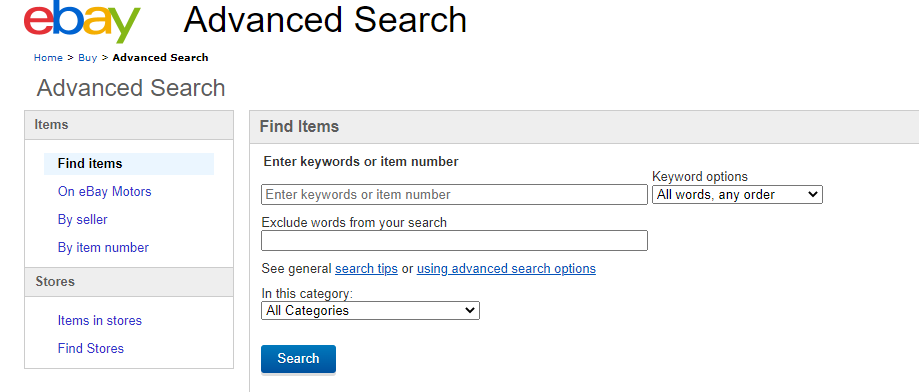 eBay advanced search tool