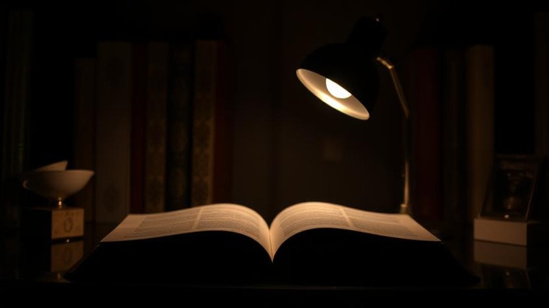 A desk lamp emitting lumens on a book