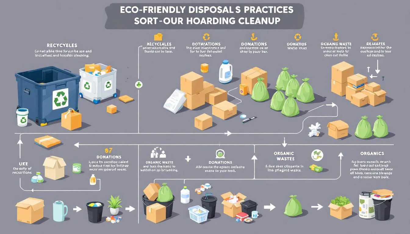 Eco-friendly disposal practices being implemented during a hoarding cleanup, promoting sustainability.