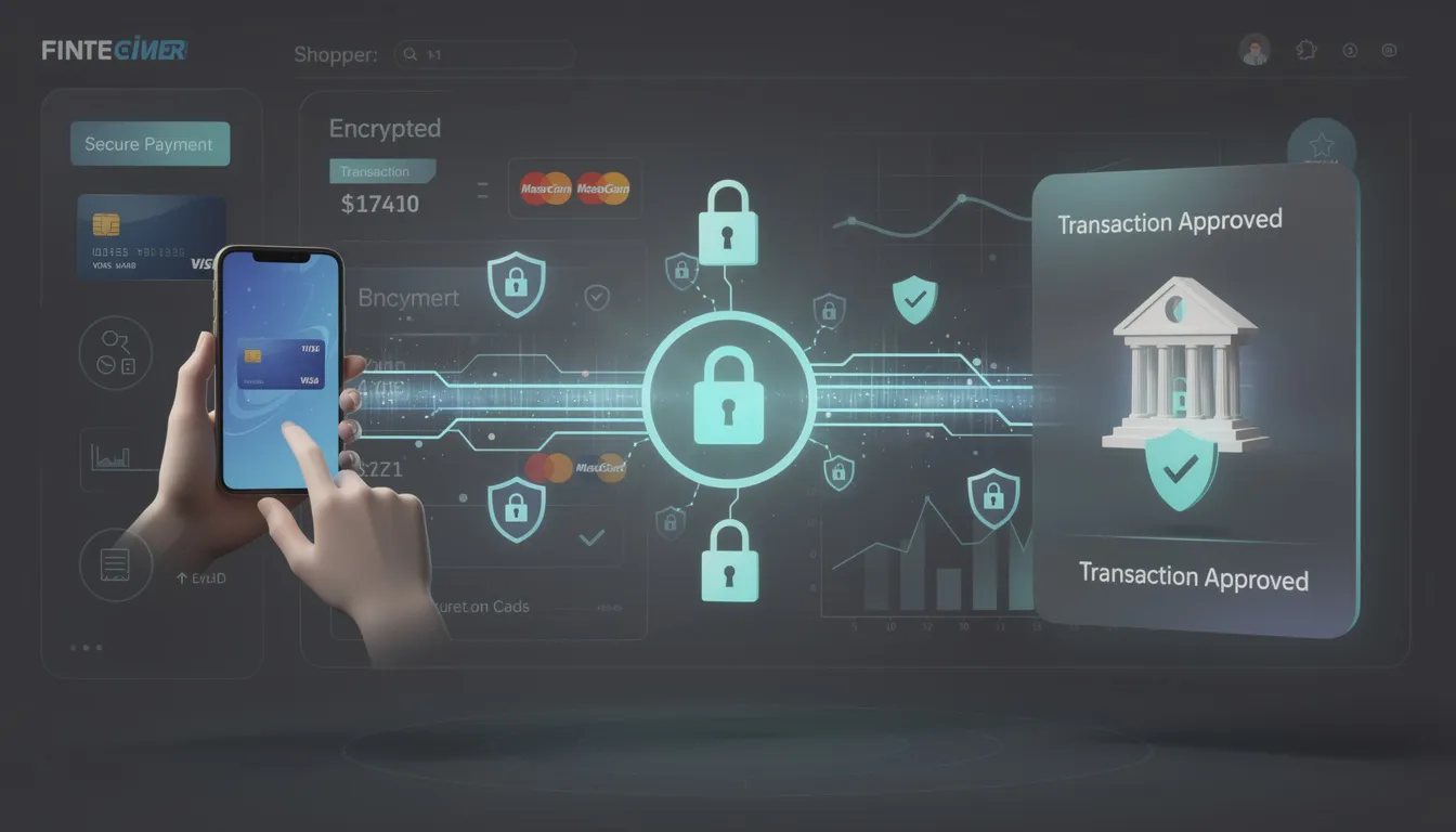 The image depicts a modern payment processing interface showcasing a secure transaction flow, emphasizing features such as online payments and fraud protection. It illustrates how customers can easily manage payments and accept card payments online, ensuring a seamless experience for both merchants and users.
