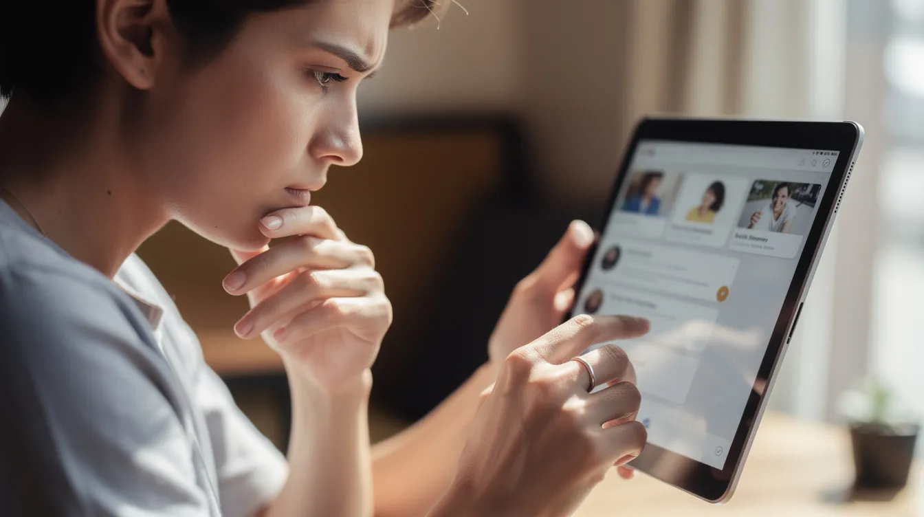 A thoughtful person is scrolling through profiles on a tablet, reflecting on various mental health support options, including low-cost counselling services and online therapy resources. The image captures the importance of exploring mental health services to address issues like stress, anxiety, and relationship challenges.