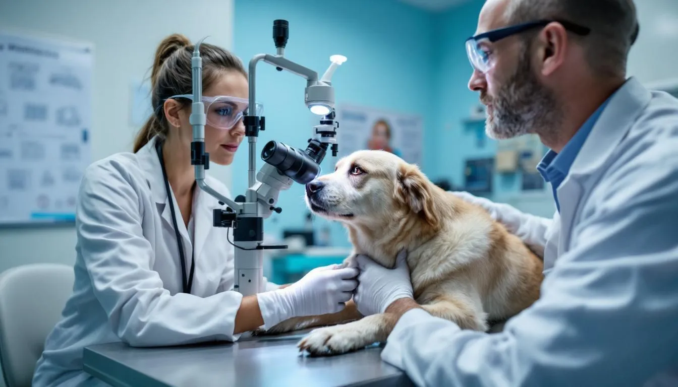 A veterinary ophthalmologist is conducting a thorough eye examination on a dog using specialized equipment, focusing on the dog