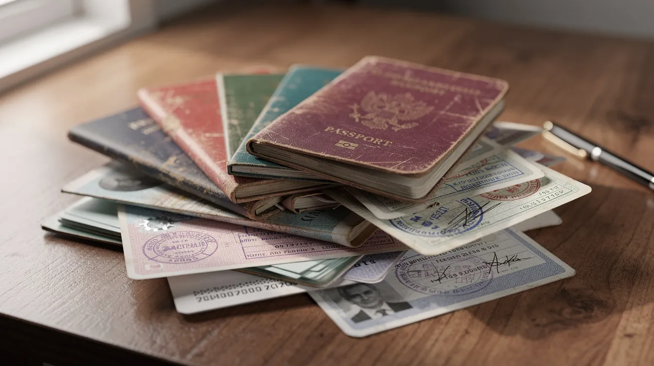 A stack of travel documents, including passports and an international driving permit, is neatly arranged on a wooden desk. The assortment reflects the necessary paperwork for traveling abroad, emphasizing the importance of having a valid license and understanding local driver's licensing laws in foreign countries.