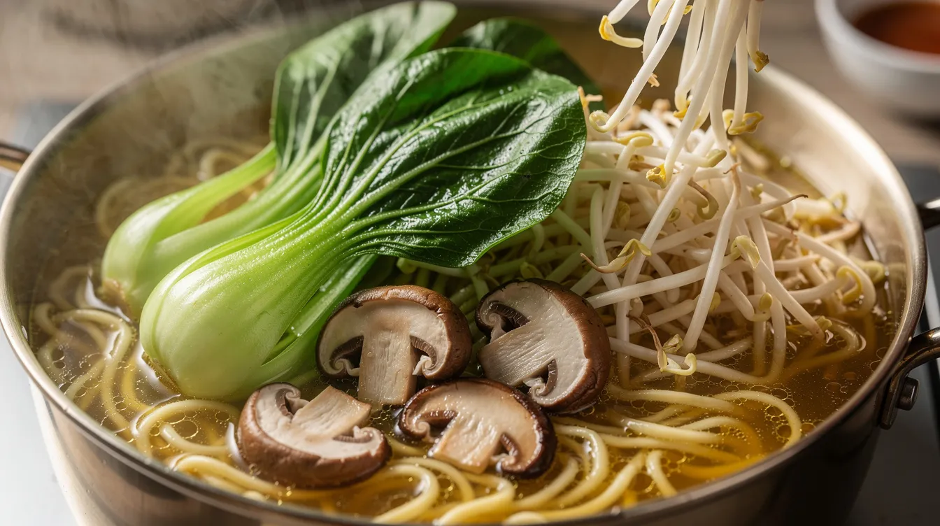 Colorful vegetables such as bok choy, mushrooms, and bean sprouts being added to a pot of steaming ramen noodles.