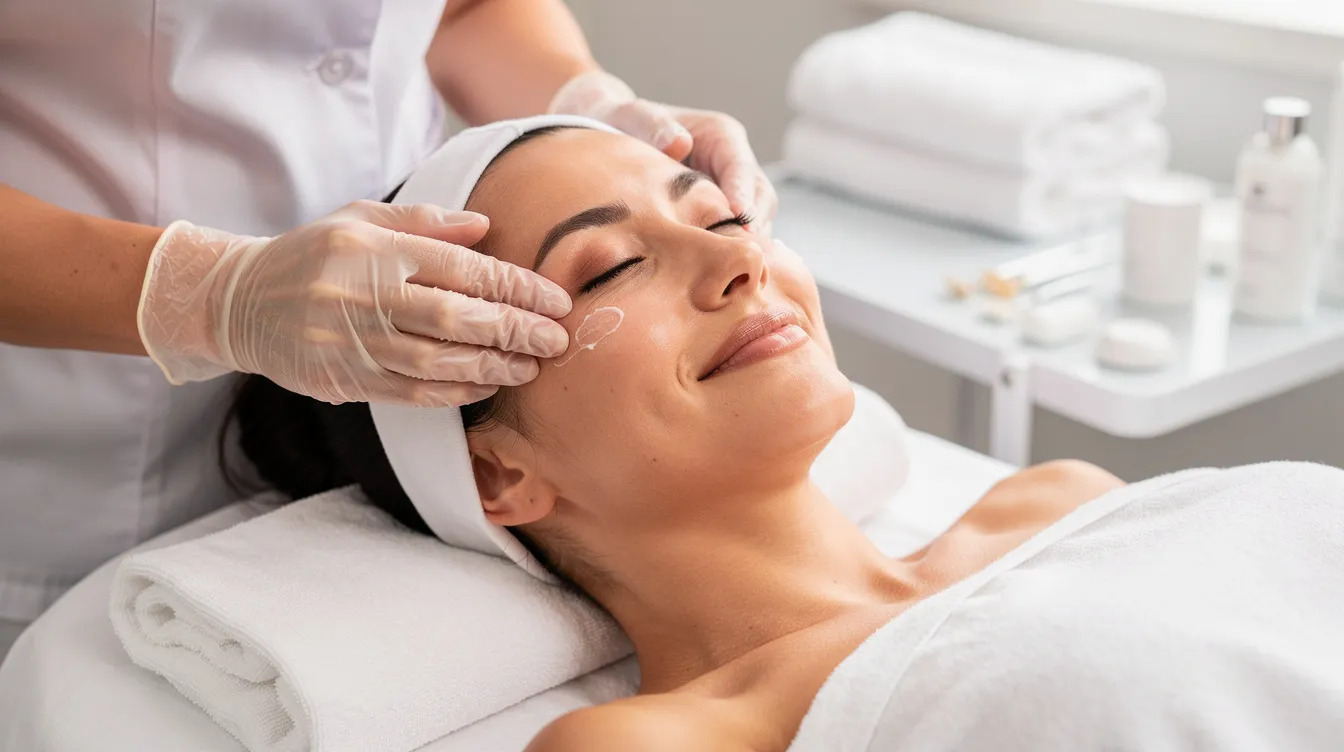 Eine Frau entspannt sich während einer Kosmetikbehandlung im Gesichtsbereich, während ihre Augenbrauen mit der Powder Brows Technik neu geformt und pigmentiert werden. Die Behandlung zielt darauf ab, ein natürliches Aussehen und eine harmonische Kontur der Augenpartie zu schaffen.