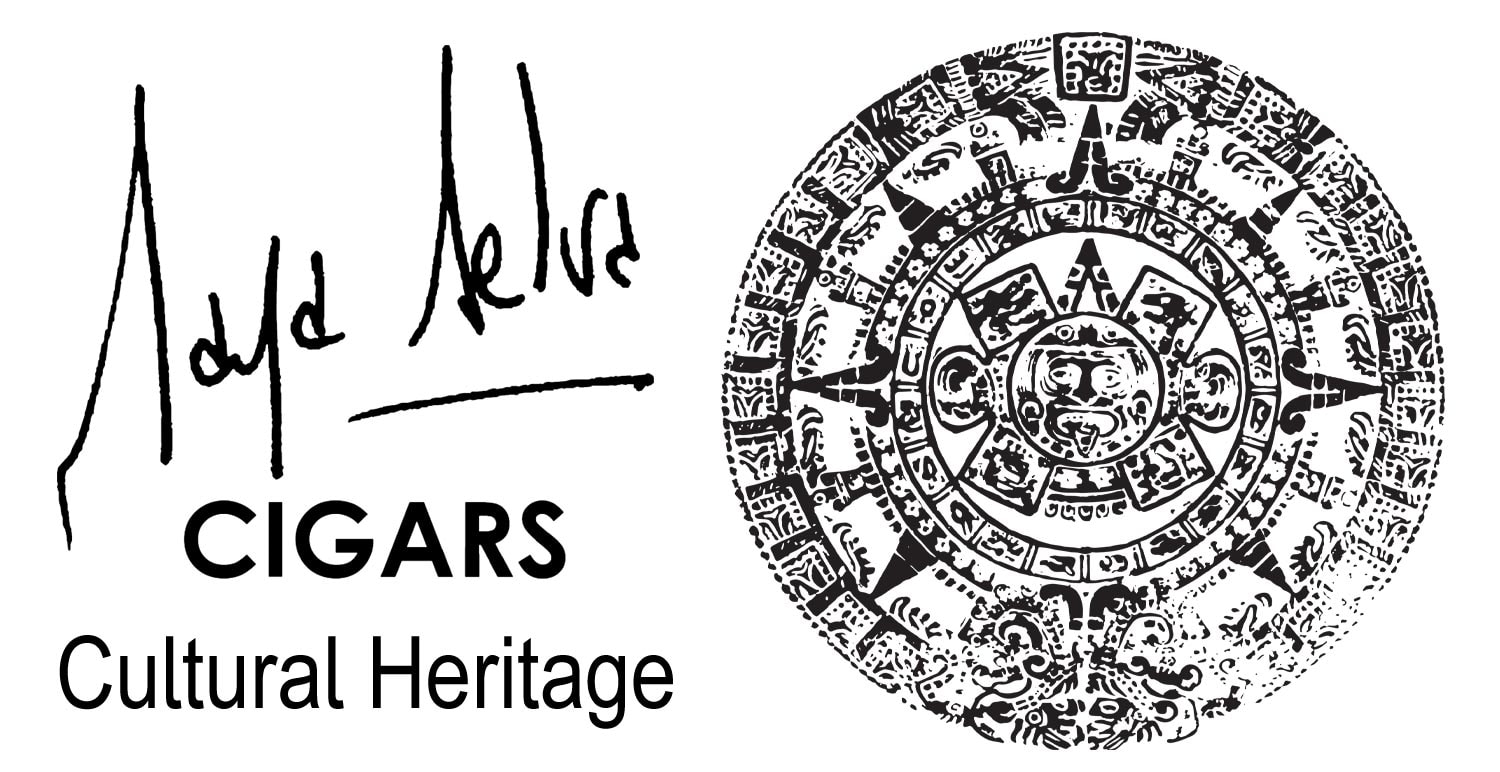 Artistic representation of Mayan cultural symbols and Flor de Selva cigars