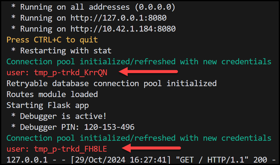 Flask App Container Logs showing the new credentials created