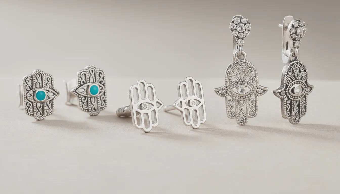 The image features elegant Hamsa hand earrings crafted from sterling silver, showcasing intricate details and delicate craftsmanship. These earrings symbolize protection and good fortune, with some designs enhanced by sparkling cubic zirconia or vibrant semi-precious stones like turquoise.