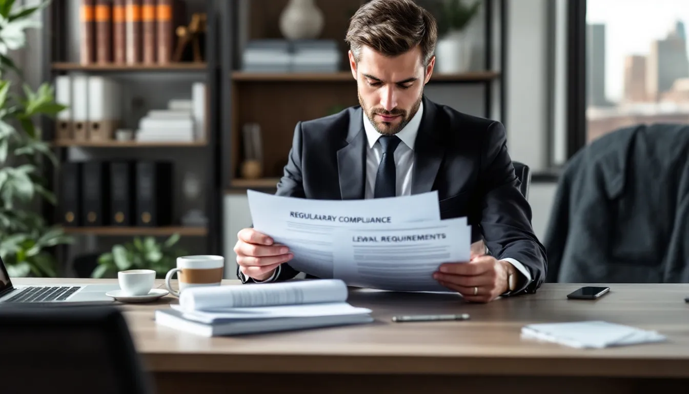 A professional is seated at a desk, meticulously reviewing regulatory compliance documents related to healthcare practices, ensuring adherence to federal and state regulations. The scene highlights the importance of management services organizations in supporting medical practices and maintaining compliance with laws that govern healthcare providers and patient care.