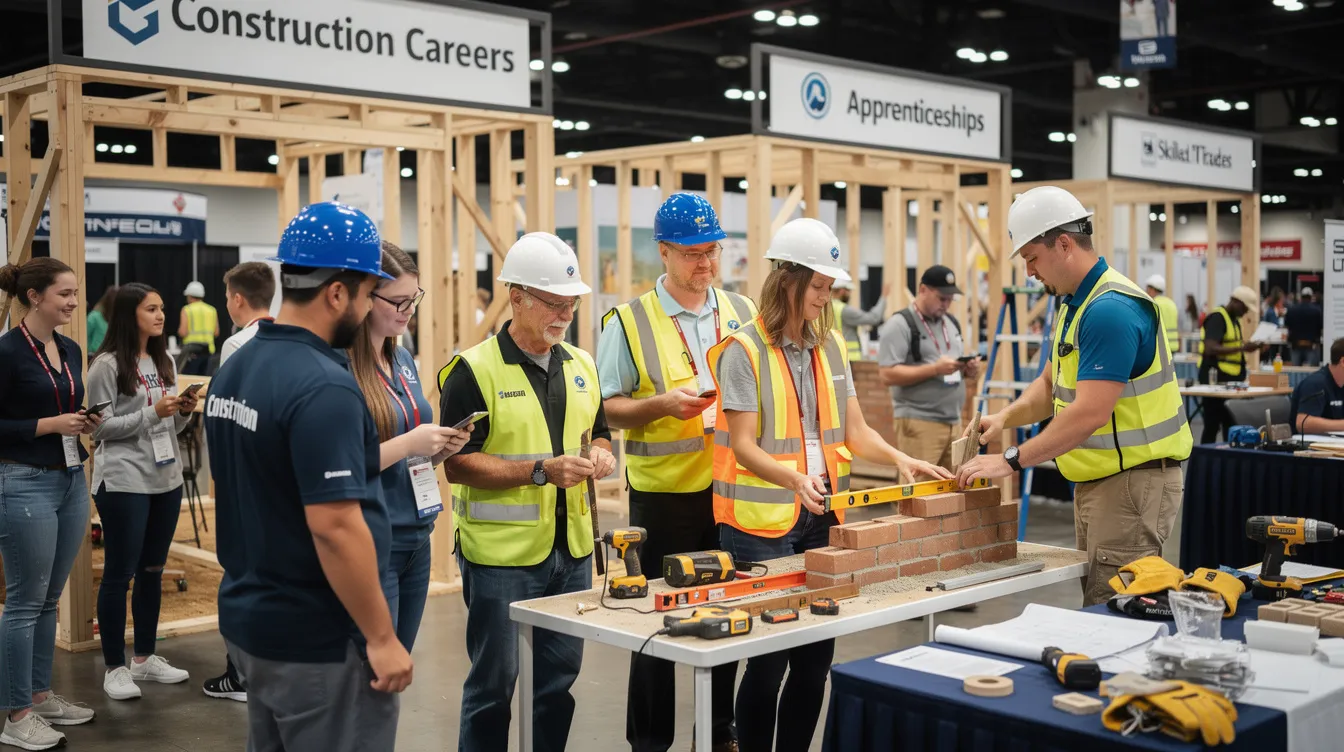 A diverse group of construction professionals and students engage in hands-on trade demonstrations at a career fair, showcasing various skills related to the construction industry. This event highlights apprenticeship programs and training opportunities, emphasizing the importance of on-the-job learning and education for building a successful future workforce in the skilled trades.