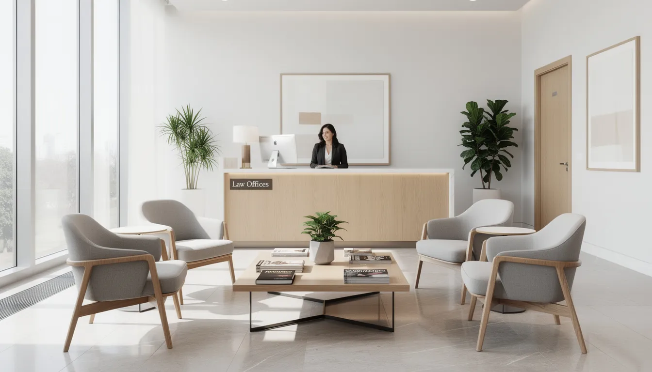 The image depicts a bright and modern law office reception area, featuring comfortable seating and ample natural light, creating a welcoming environment for clients seeking assistance with family law matters, including divorce and child custody cases. This inviting space reflects the professional and supportive atmosphere that experienced divorce lawyers provide during difficult times.