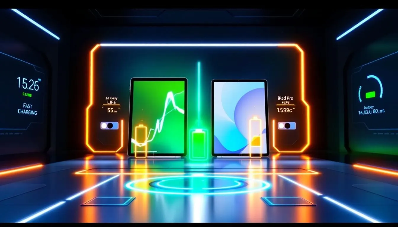 Autonomie et vitesse de charge des tablettes, incluant la Galaxy Tab S9 et l'iPad Pro.