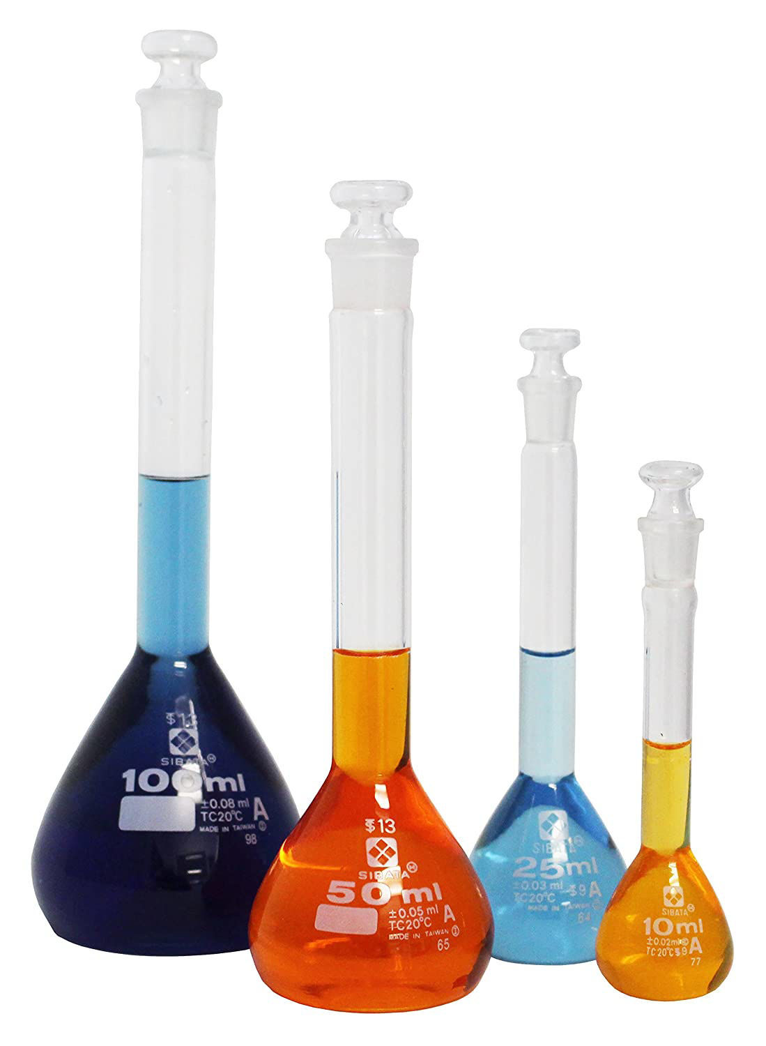 Volumetric flasks of various sizes with glass stoppers