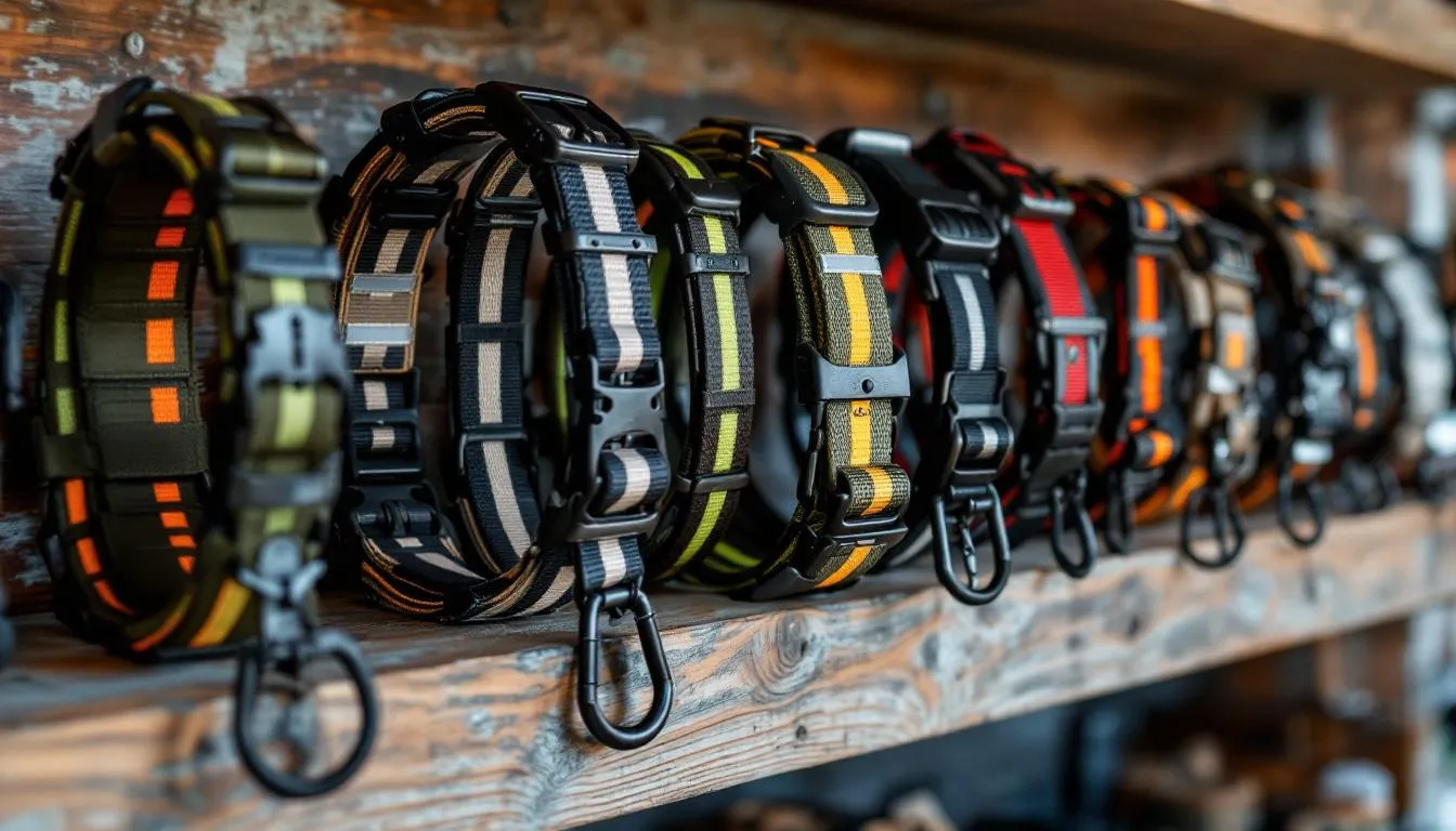 An array of tactical dog collars displayed in a pet store.