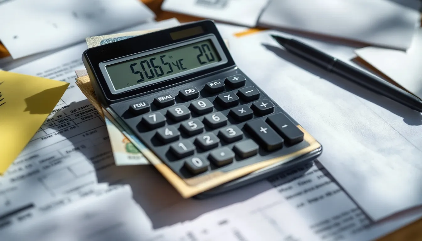 Uma calculadora de notas de real brasileiro está em primeiro plano, com documentos variados ao fundo, sugerindo a temática de herança e impostos, como o ITCMD. A imagem evoca a importância da transmissão de bens e direitos, especialmente em casos de causa mortis.