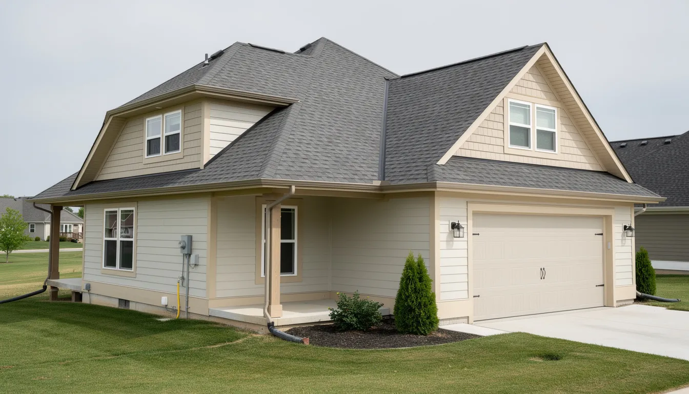 The image depicts the exterior of a suburban house, highlighting its roof and construction details, which are essential for prospective homeowners to consider during the home buying process. Understanding these features can help future buyers make informed decisions about homeowners insurance and financial implications related to their new property.
