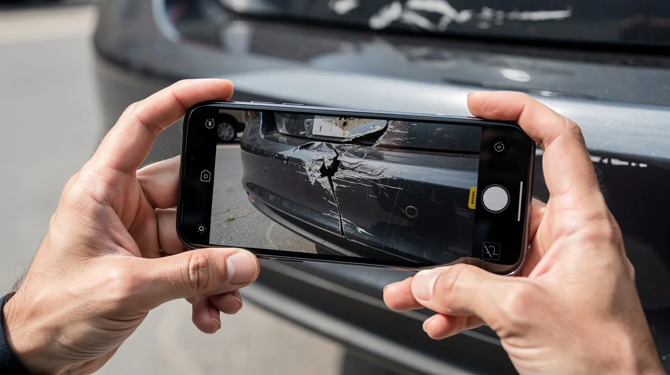 A person is using a smartphone to take close-up photos of the damage on the rear bumper of a sedan, likely after a car accident. The image captures the vehicle's position and visible injuries, which can be key evidence for insurance claims and personal injury cases.