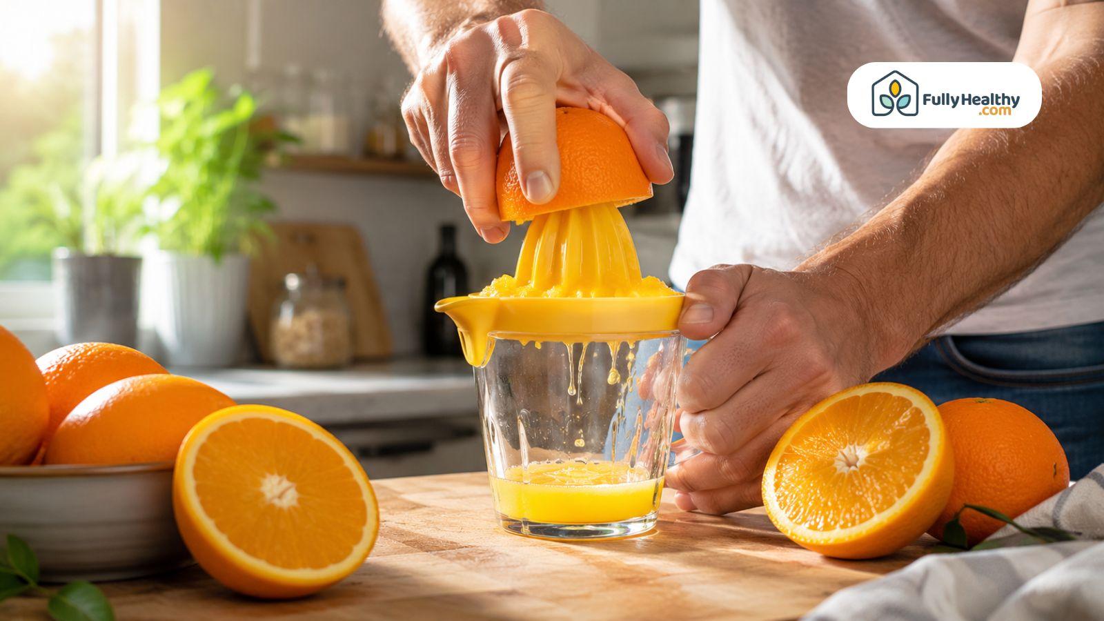 Hand squeezing fresh orange with citrus juicer in bright kitchen setting