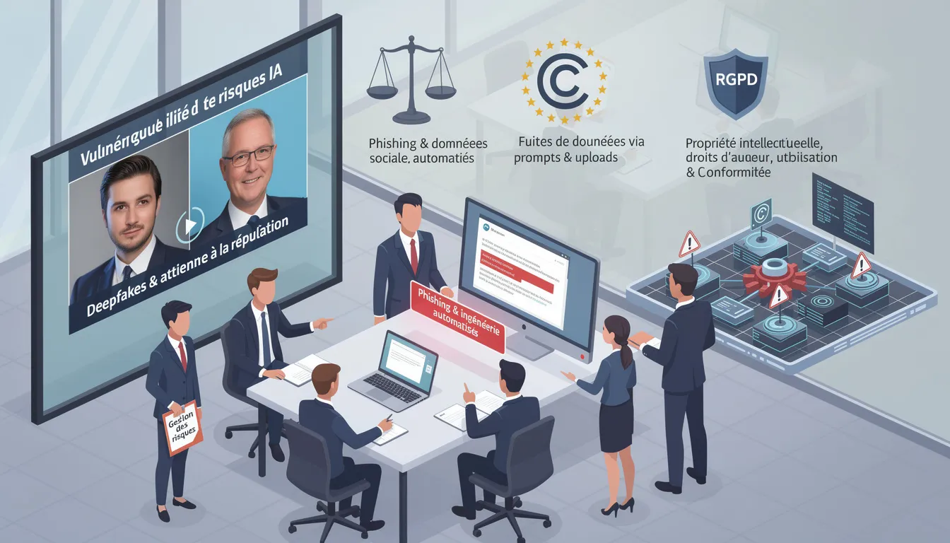 L'image illustre les divers risques associés aux générateurs d'images par intelligence artificielle, tels que les deepfakes menaçant la réputation des entreprises et les vulnérabilités techniques des modèles. Elle met en avant les enjeux liés aux droits d'auteur et à la conformité RGPD dans le contexte de la création d'images.