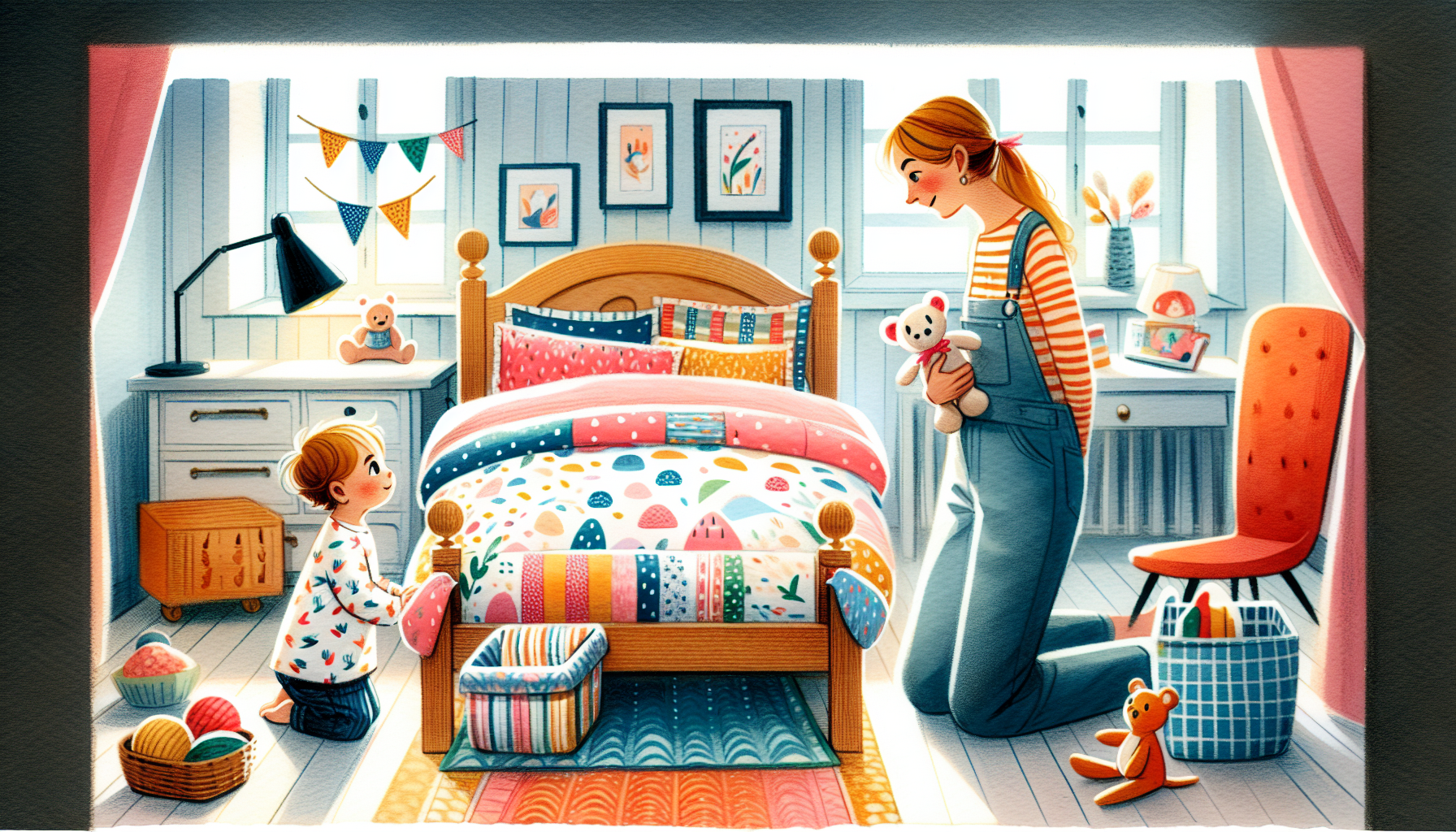 A mother and their child next to a bed.
