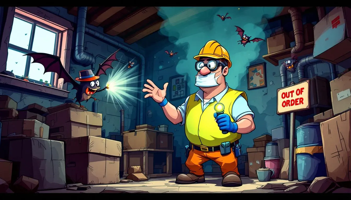 A professional conducting a bat removal process in an attic, demonstrating safety measures.