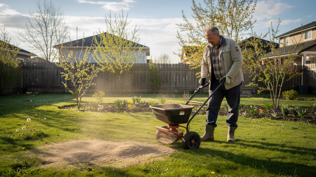 A gardener is applying lawn fertiliser across a lush green lawn in early spring, ensuring even distribution for healthy grass growth. The scene captures the gardener using a spreader to promote soil health and support the lawn's specific nutrient needs for a thriving, weed-free environment.
