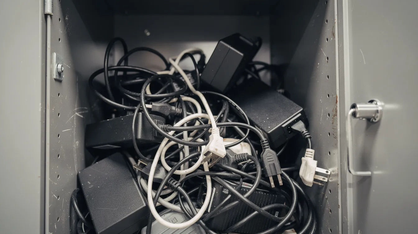 A close-up view of tangled power cords and bulky laptop adapters is seen crammed into a small metal locker bay, showcasing a chaotic mix of USB chargers, AC outlets, and various cables meant for multiple devices. The image highlights the challenge of managing power delivery and heat generation in a confined space, emphasizing the need for efficient organization and secure storage solutions.