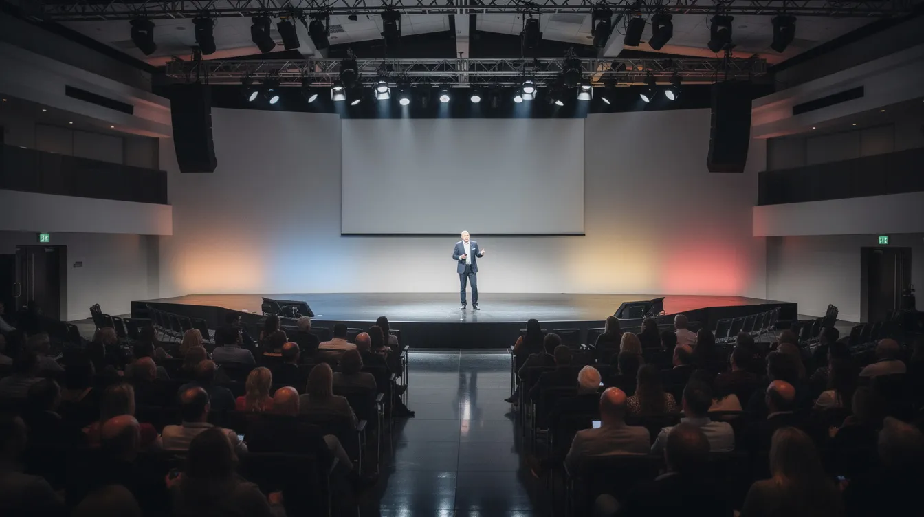 A keynote speaker stands confidently on a large conference stage, addressing a seated audience in a modern auditorium illuminated by dramatic lighting. The speaker discusses managing resistance to change, emphasizing the importance of involving employees in the change process to foster a supportive environment and successful change management.
