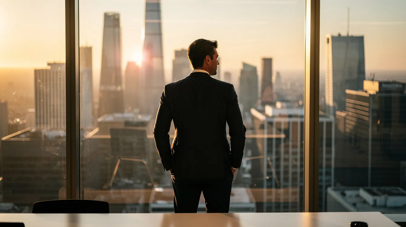 Une personne confiante, représentant un leader d'entreprise, se tient devant une grande fenêtre, contemplant un panorama urbain au lever du soleil. Cette image symbolise la confiance en soi et le développement personnel, essentiels pour réussir dans le monde du travail.