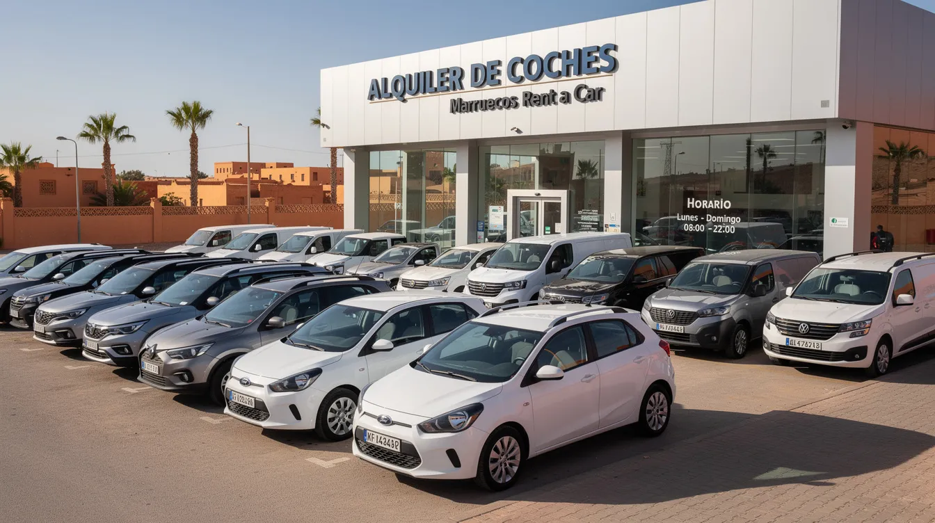 Una flota profesional de coches de alquiler en Marruecos, que incluye una variedad de vehículos como coches compactos, SUVs y furgonetas, todos en excelente estado, organizados en una agencia que refleja un servicio de calidad para los clientes. Esta selección de modelos modernos ofrece opciones ideales para diferentes necesidades de transporte.