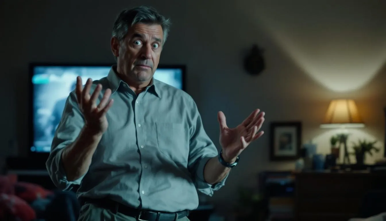 A confused dad stands in a living room, looking perplexed as he holds a stack of legal documents related to custody. His expression reflects the stress of navigating the emergency custody process, indicating concerns for his child's safety and well-being amidst a complex court situation.