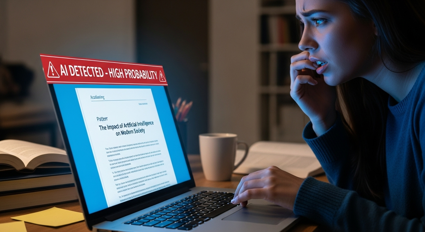 Student looking worried while an AI detection warning appears on an academic paper