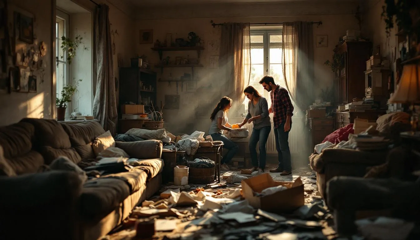 Dealing with unsanitary living conditions, depicting cleanup efforts.
