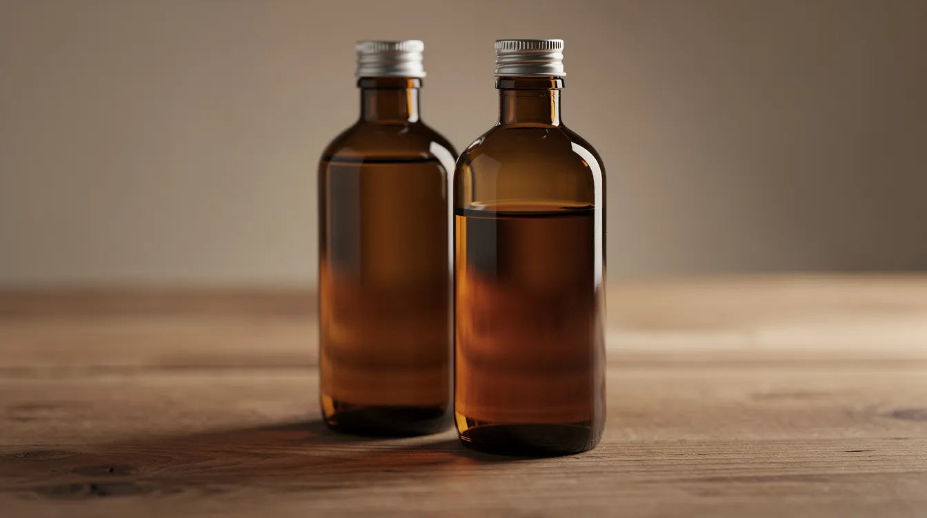 An amber glass bottle filled with dark batana oil sits on a wooden surface, highlighting its rich texture and natural shine. This oil, often referred to as "liquid gold," is known for nourishing hair and promoting healthy beard growth, making it suitable for various hair types and skin beneath.