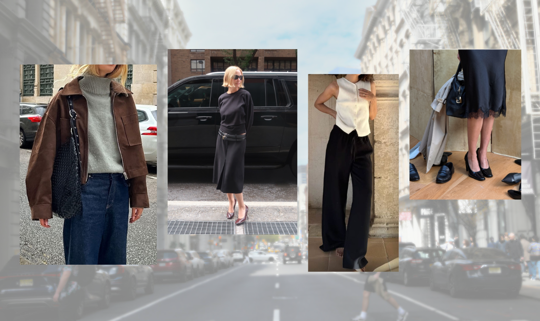 Collage of fall dark-wash jeans, pants, trousers, and skirts for work capsule wardrobe inspiration