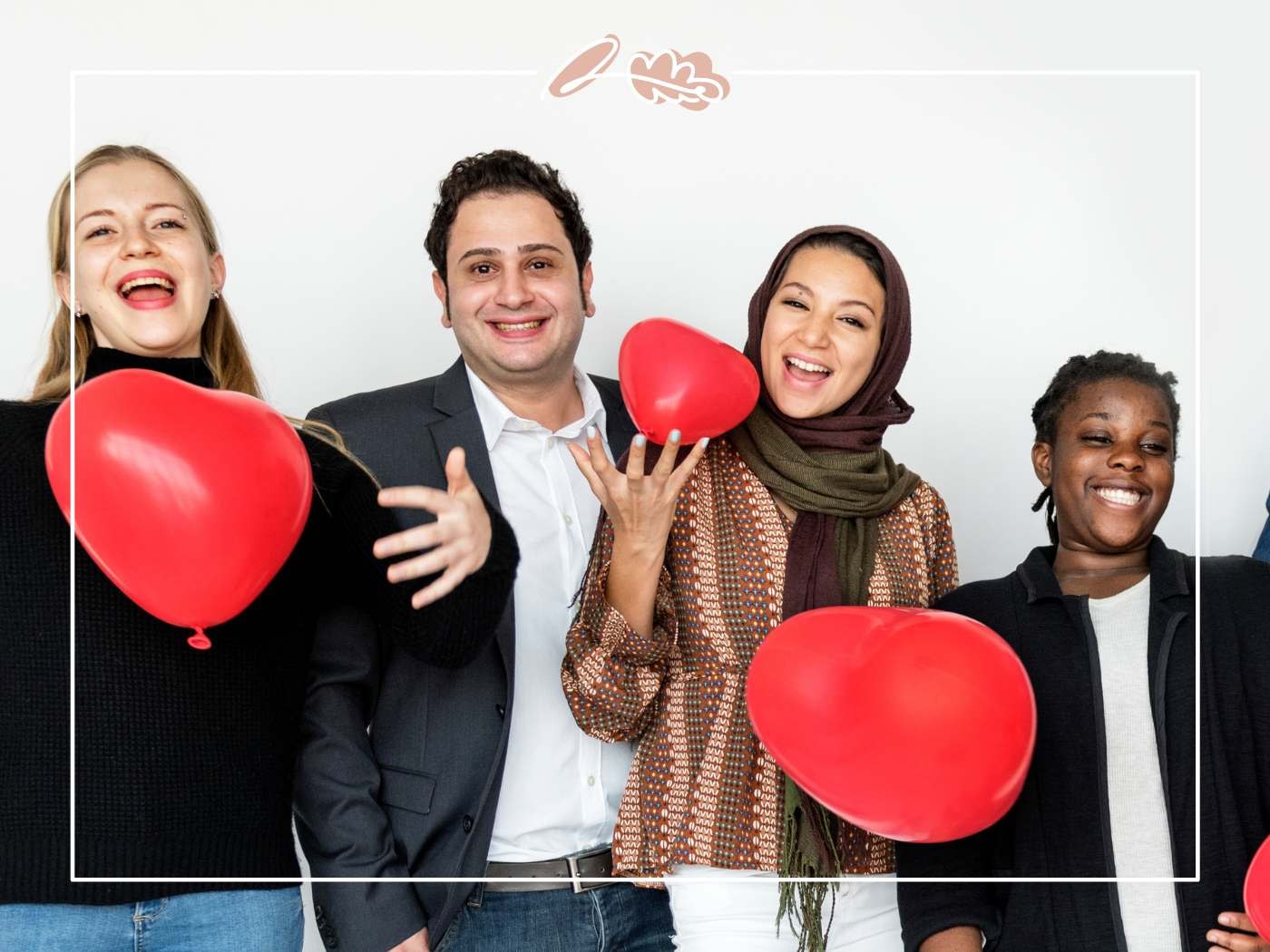 Four friends mid-laugh, tossing red heart balloons in the air on a white background, Fabulous Flowers frame.