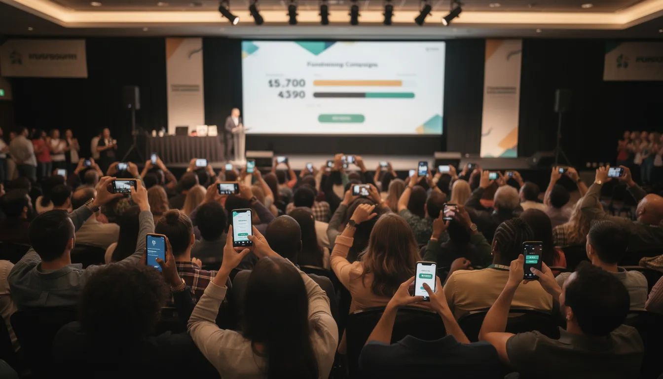 A large event venue is bustling with attendees gathered around a projection screen, focused on a fundraising campaign. Many participants are holding mobile phones, engaging in text message fundraising and making donations through text to give services, highlighting the ease of mobile donations with just a few clicks.