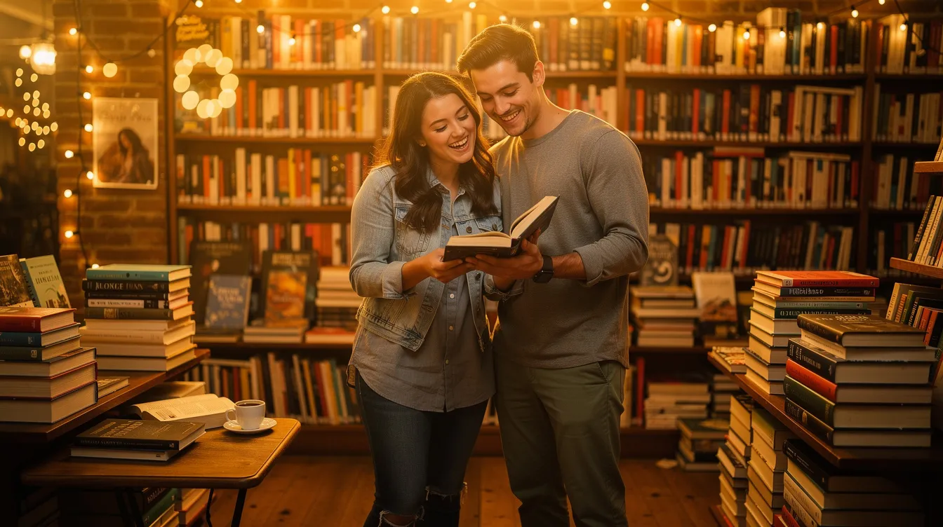 A couple is enjoying their first date at a local bookstore, surrounded by shelves of books and sharing laughter as they browse together. This fun first date idea fosters meaningful conversation and allows them to connect over their favorite genres.