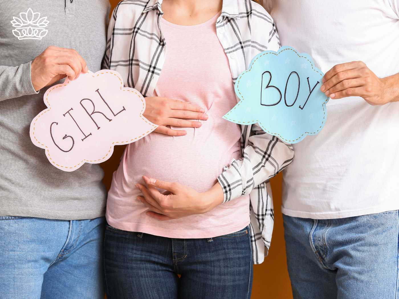 A pregnant woman holding her belly, flanked by two people holding 'GIRL' and 'BOY' signs, from the Gender Reveal Collection at Fabulous Flowers and Gifts.