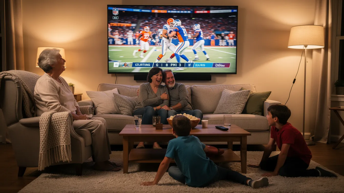 A family is gathered in a cozy living room, enjoying a sports broadcast on a large TV screen, highlighting the joy of watching live sports together. The scene reflects a warm atmosphere, showcasing the appeal of IPTV services for streaming high-quality live television and sports events.