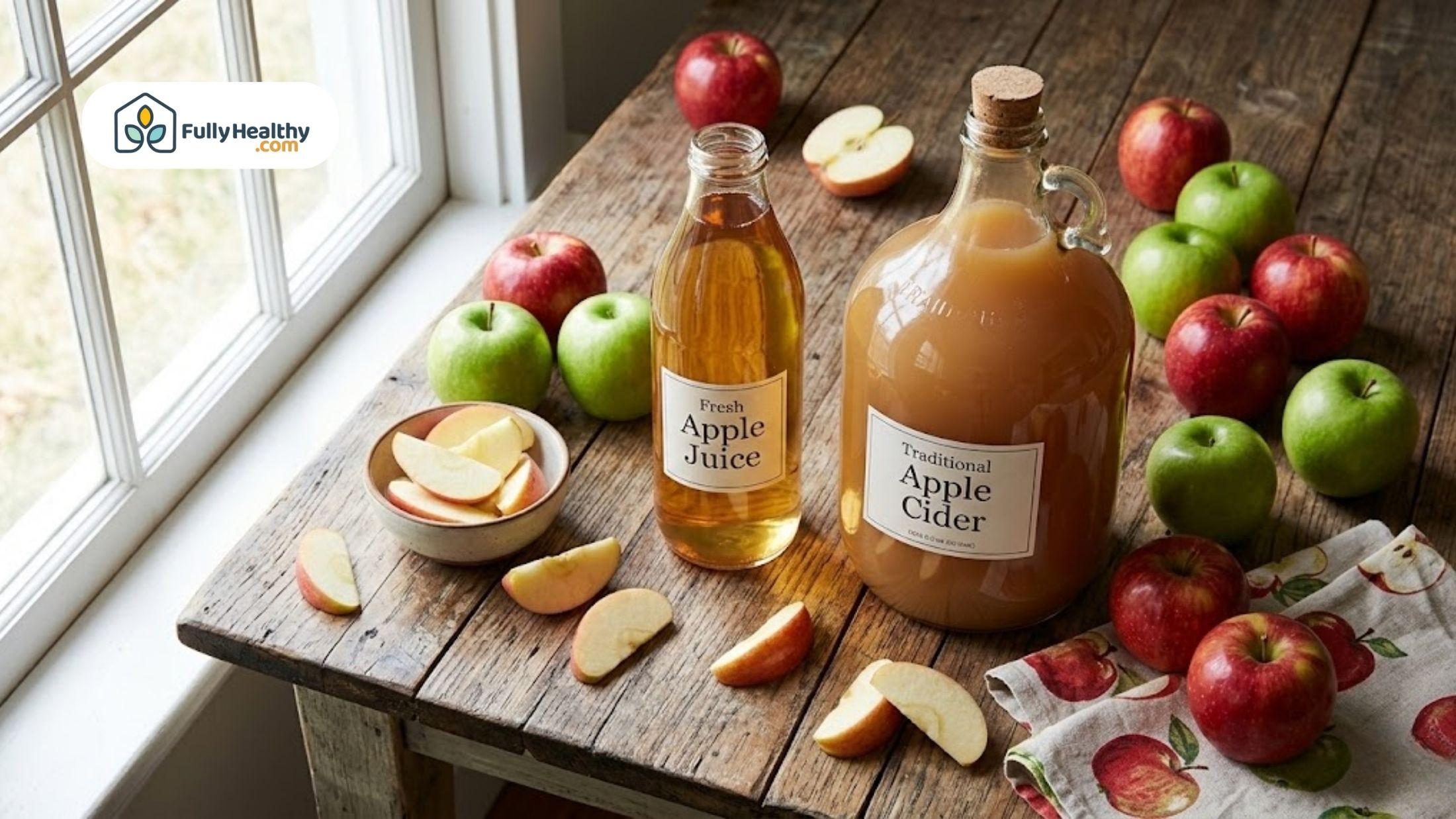 Clear apple juice bottle and cloudy apple cider jug on a wooden table with fresh red and green apples.