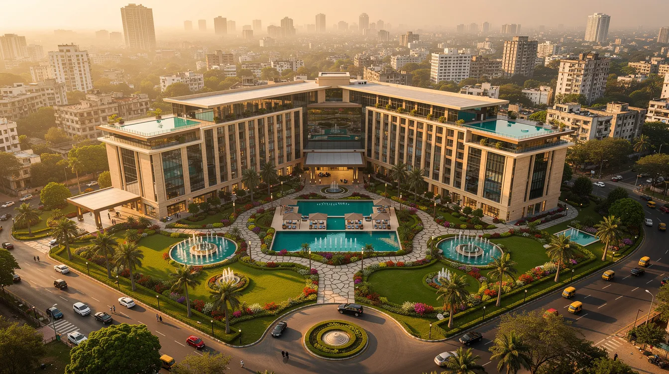An aerial view showcases a luxury hotel complex nestled within beautifully landscaped gardens in an Indian city, highlighting the potential for a successful hotel project. This image reflects the financial viability and market positioning considerations essential for a comprehensive hotel feasibility study.