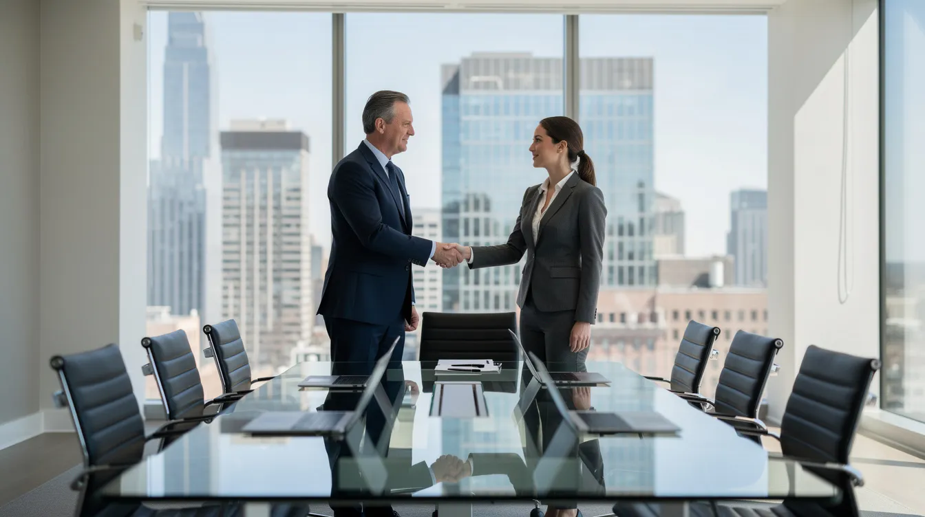 In a modern office conference room with a city skyline visible through large windows, two business professionals are engaged in a handshake, symbolizing collaboration on renewable energy projects. This image reflects the professional environment where agreements related to renewable energy investments and project development are made.