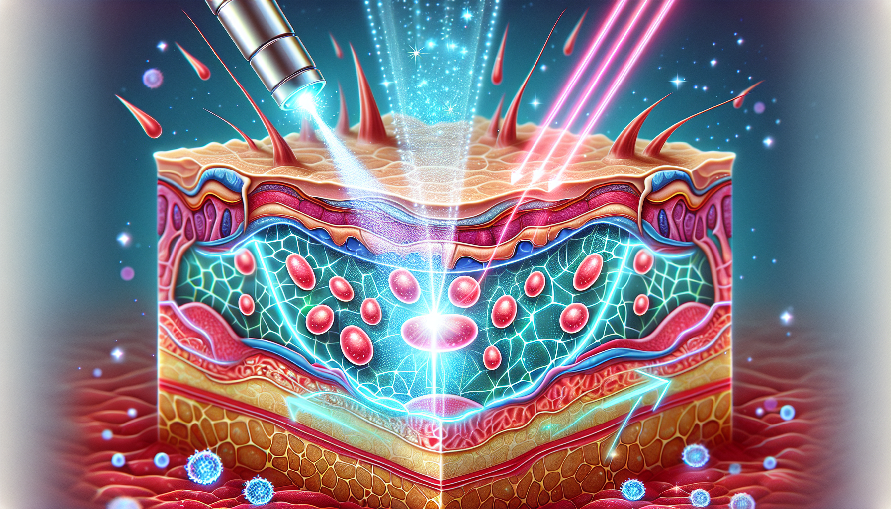 An illustration depicting the concept of laser lipo, showcasing fat cells being targeted by laser energy.