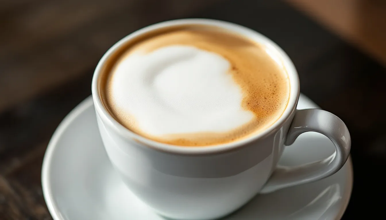Na zdjęciu znajduje się duży kubek ceramiczny wypełniony cappuccino, z delikatną pianką mleczną na wierzchu, umieszczony na eleganckim spodeczku. Ten ceramiczny kubek to idealny wybór na poranną kawę, który doda uroku każdemu wnętrzu.