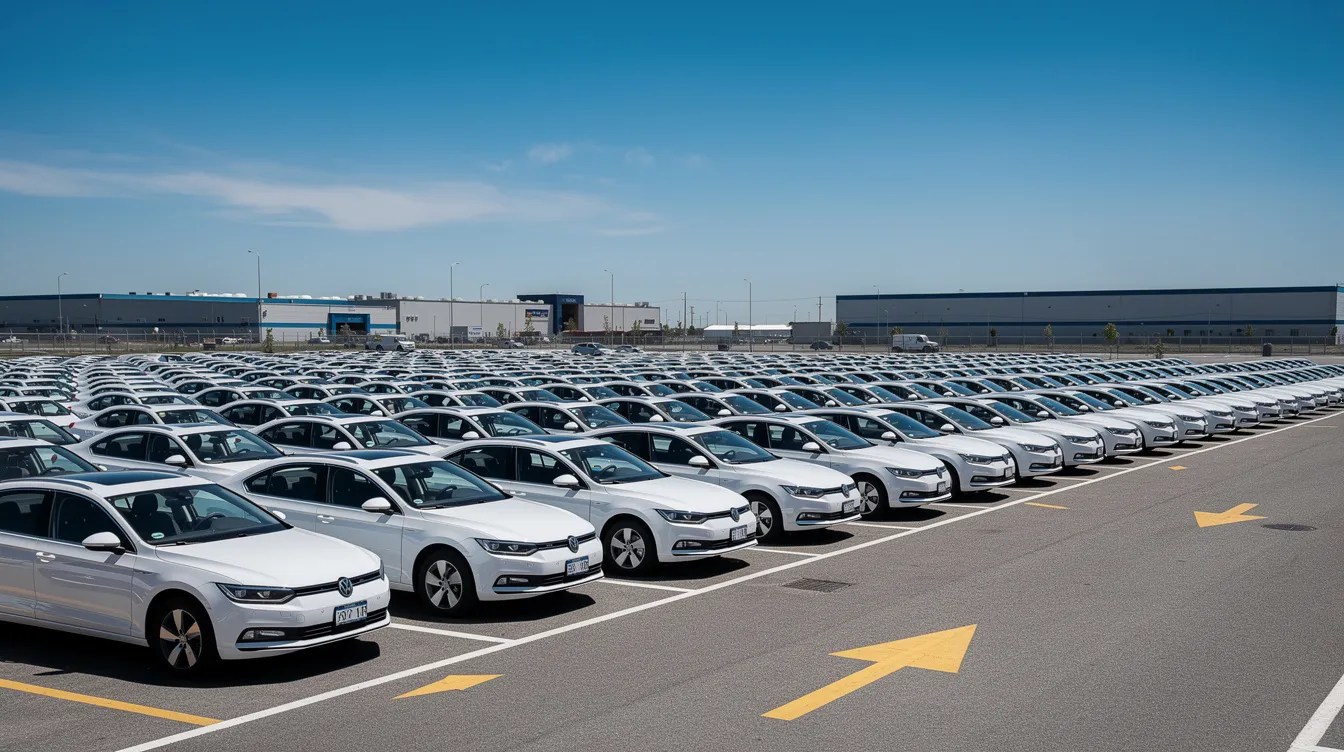 Une grande flotte de voitures de location blanches est alignée dans un parking extérieur, baignée par la lumière du soleil. Cette image évoque l'activité d'une agence de location de voitures, offrant une solution pratique pour les clients à la recherche de véhicules dans un lieu ensoleillé.