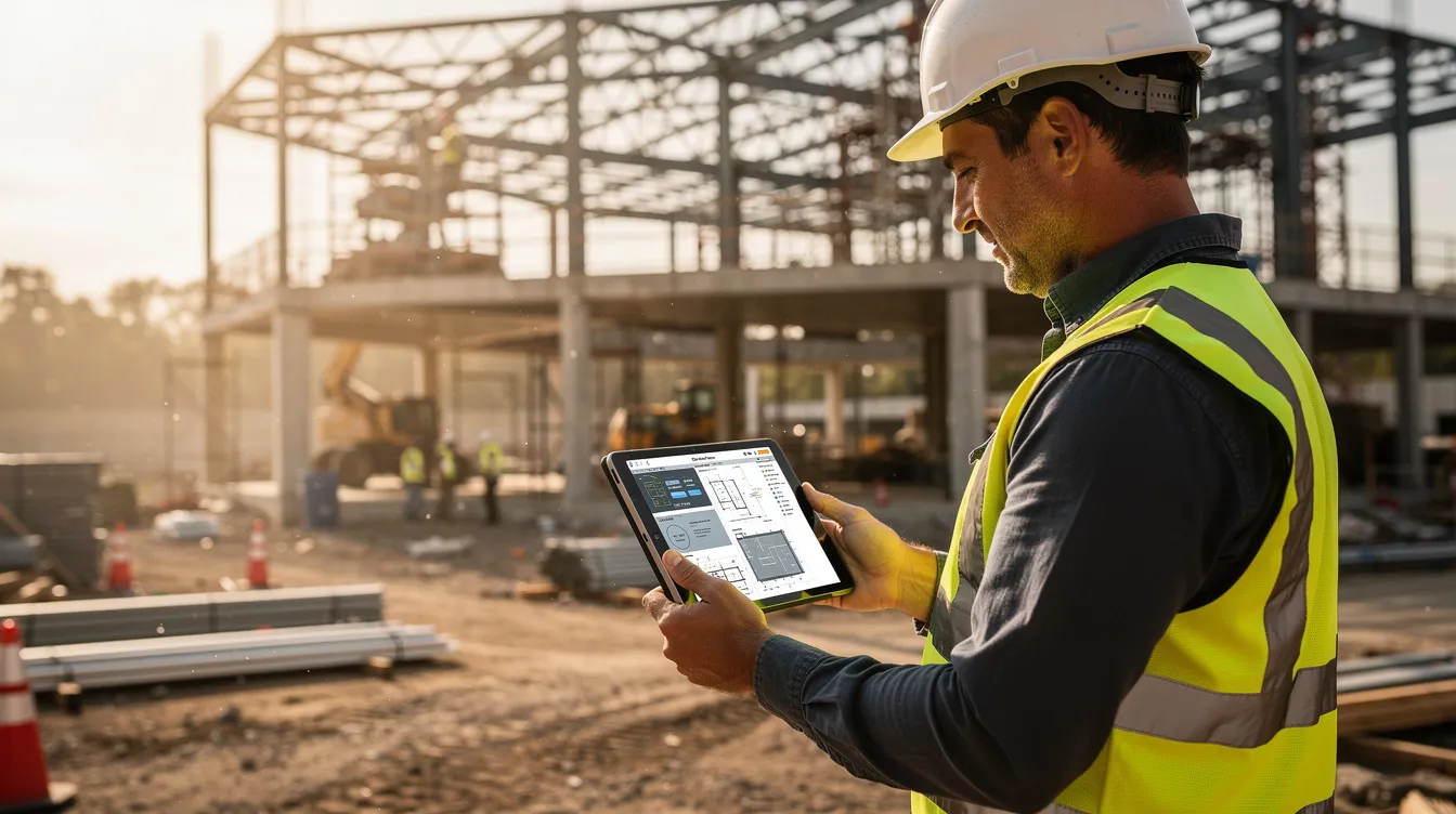 A construction professional is reviewing project data on a tablet at an active commercial building site, utilizing AI technologies to enhance project management and improve operational efficiency. The scene captures the integration of construction software and digital tools that support decision-making and resource allocation in the construction industry.