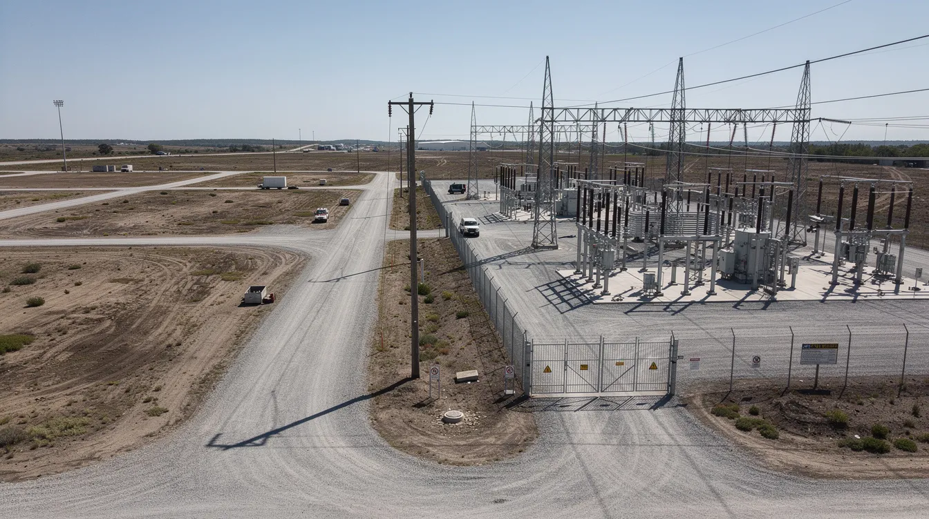 An aerial view showcases a flat expanse of industrial land adjacent to an electrical substation, surrounded by a fenced perimeter and gravel roads, highlighting the potential for battery energy storage systems and energy storage projects. This setting is indicative of the infrastructure necessary for renewable energy initiatives, such as solar and wind projects, and emphasizes the importance of regulatory compliance and site control in energy development.