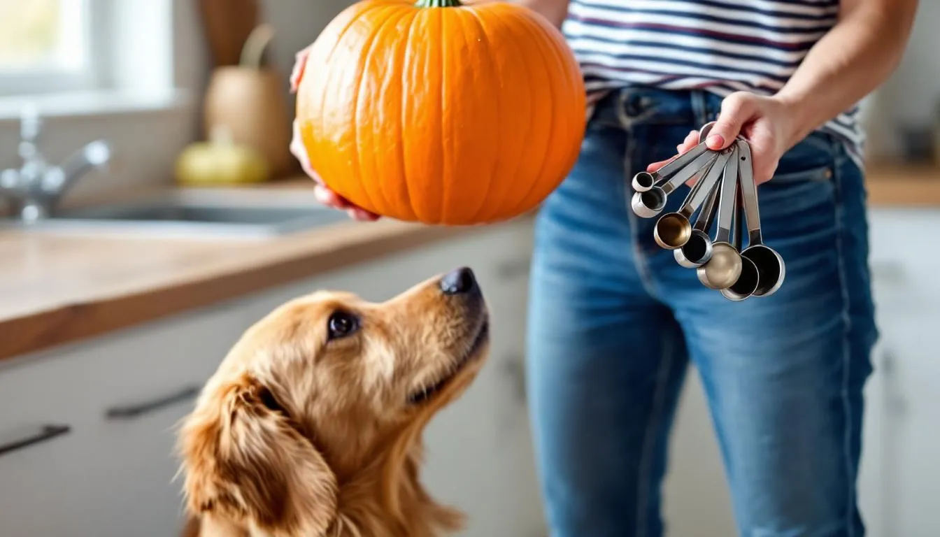 A dog owner is measuring plain canned pumpkin with kitchen measuring spoons, while their dog watches closely, eager to see how much pumpkin will be added to its diet as a healthy treat. The scene highlights the importance of knowing how much pumpkin to give a dog for optimal health benefits.